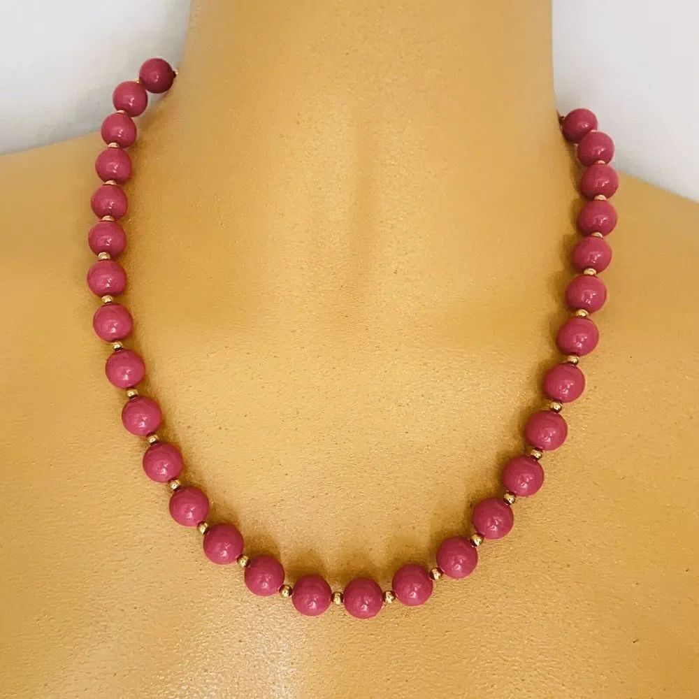 Vintage Monet Signed Necklace Raspberry Red Gold Lucite Beads Beaded ￼￼18” 1509